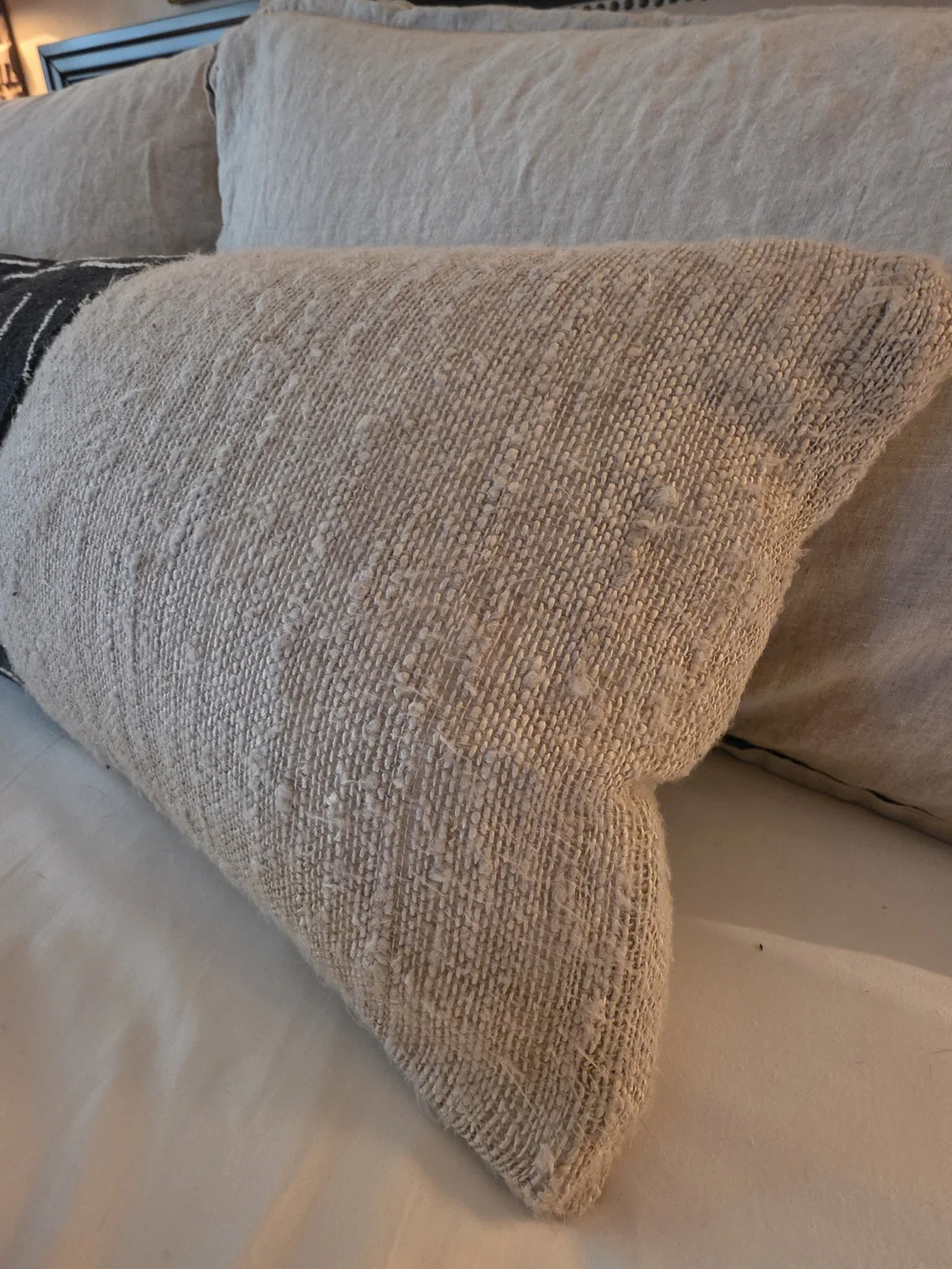 African Mud Cloth And Linen Neutral Beige and Black Decorative Lumbar Pillow